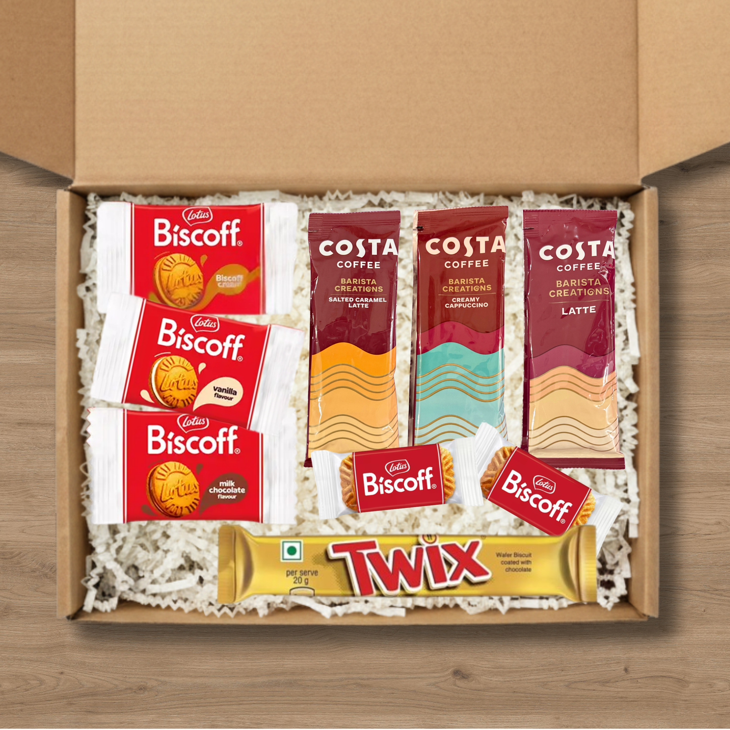 Coffee gift box with Costa Coffee sachets, Lotus Biscoff biscuits and a Twix bar