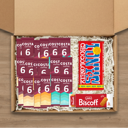 Gift box containing Costa Coffee sachets, Biscoff cookies and Tony's Chocolonely milk chocolate