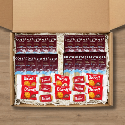 Gift box containing 5x Costa Coffee Iced Latte Coffee Sachets, 5x Costa Coffee Hazelnut Creme Iced Coffee Sachets, 3x Lotus Biscoff biscuits, 1x Lotus Biscoff Milk Chocolate Cream, 1x Lotus Biscoff Cream, and 1x Lotus Biscoff Vanilla Cream