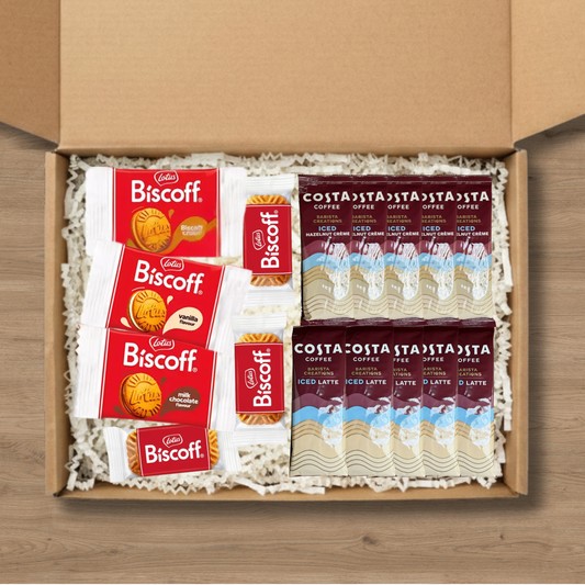 Gift box containing 5x Costa Coffee Iced Latte Coffee Sachets, 5x Costa Coffee Hazelnut Creme Iced Coffee Sachets, 3x Lotus Biscoff biscuits, 1x Lotus Biscoff Milk Chocolate Cream, 1x Lotus Biscoff Cream, and 1x Lotus Biscoff Vanilla Cream