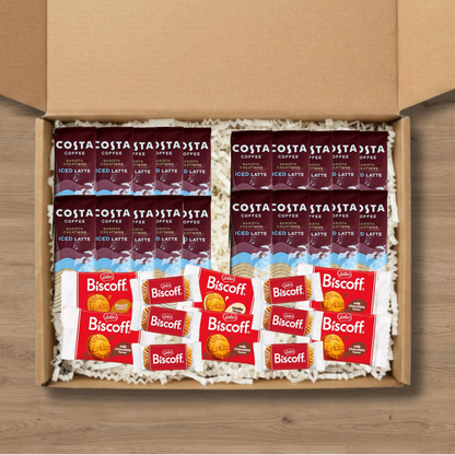 A gift box containing 20 costa coffee iced latte sachets, 6 packs of lotus biscoff biscuits and 2 packs each of lotus biscoff cream, biscoff vanilla cream, and biscoff milk chocolate cream biscuits