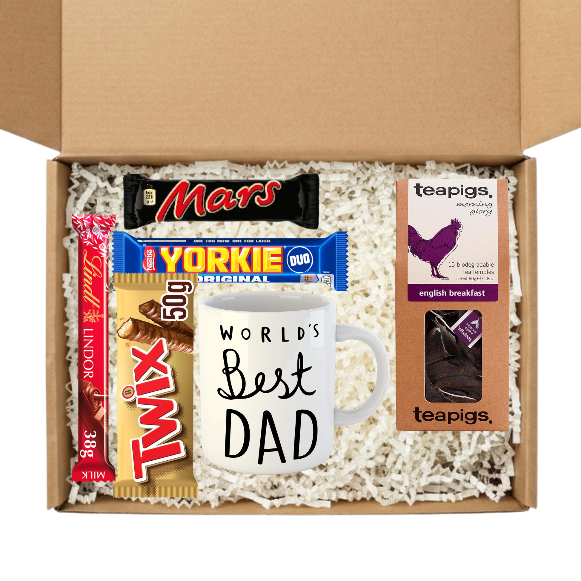 Gift box with 'World's Best Dad' mug, chocolate bars, and teapigs tea