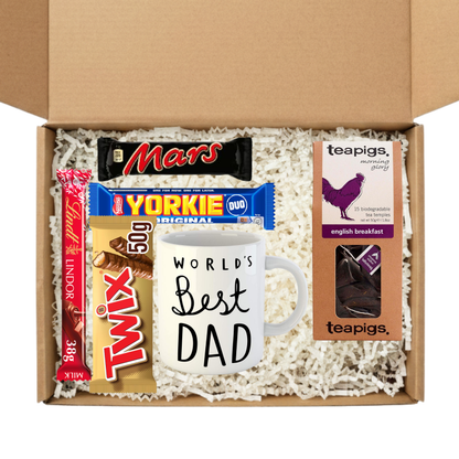 Gift box with 'World's Best Dad' mug, chocolate bars, and teapigs tea
