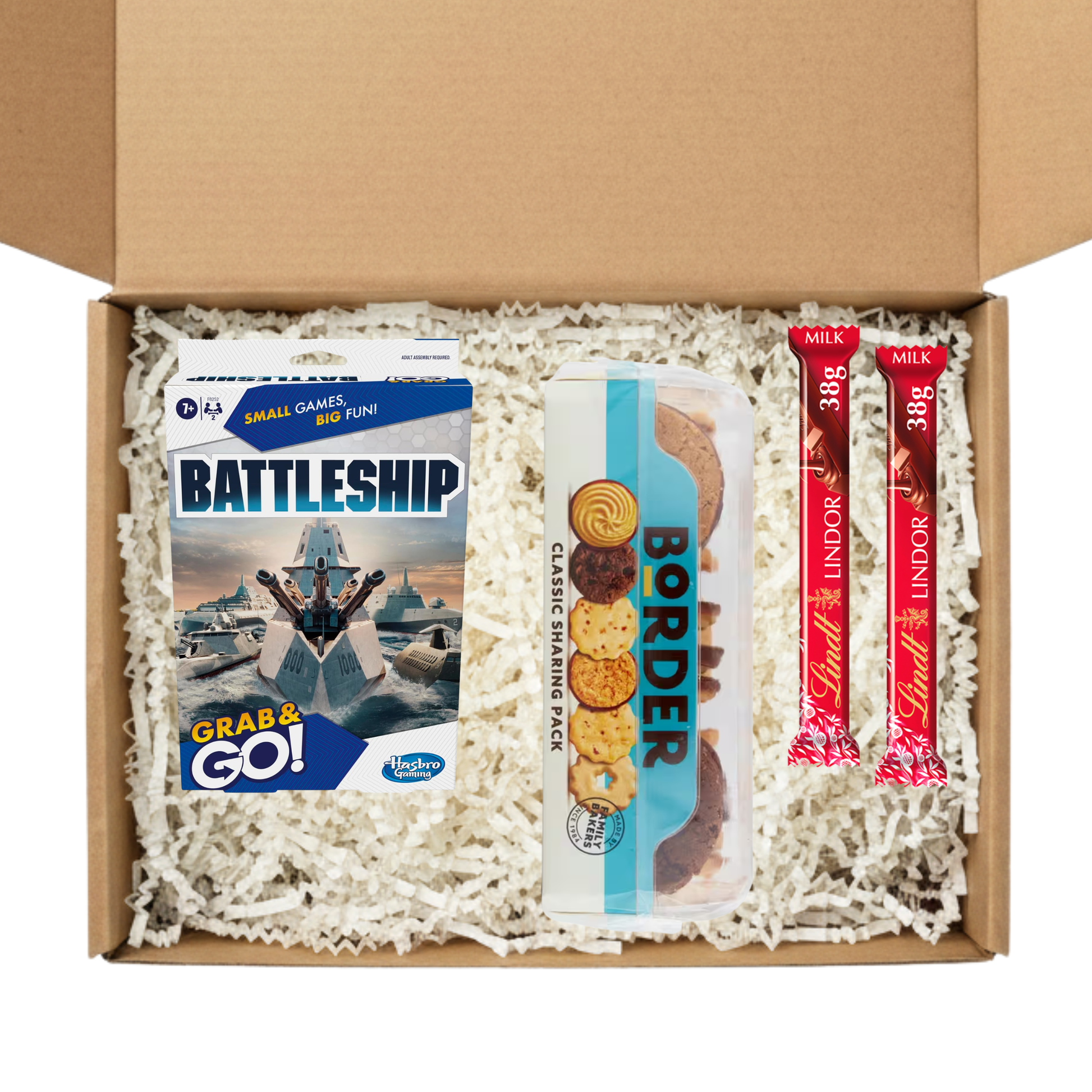 Gift box containing a battleships board game, Border classic sharing pack of biscuits, and 2 lindt lindor chocolate bars