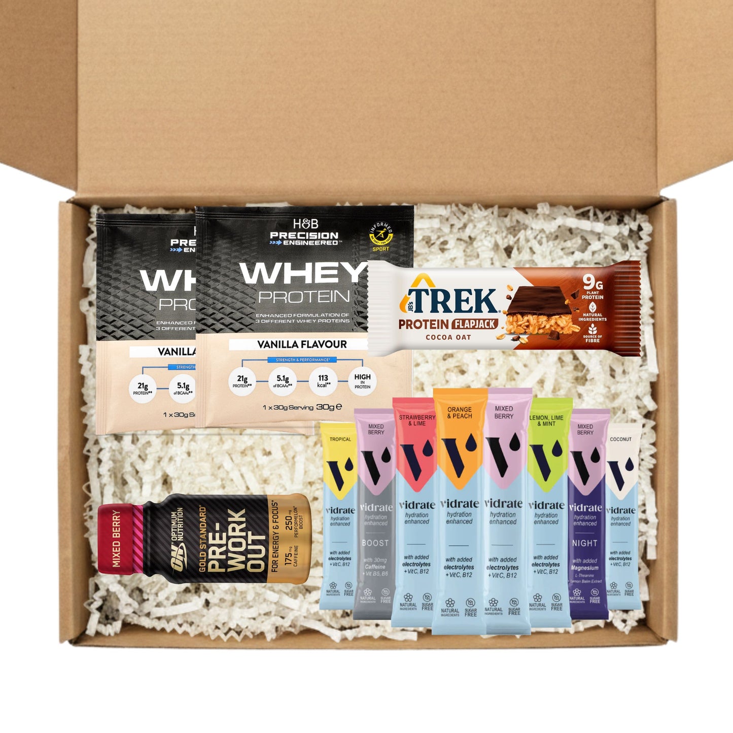 Gift box containing protein whey protein powder, protein bars, pre-workout supplements, and hydration gels
