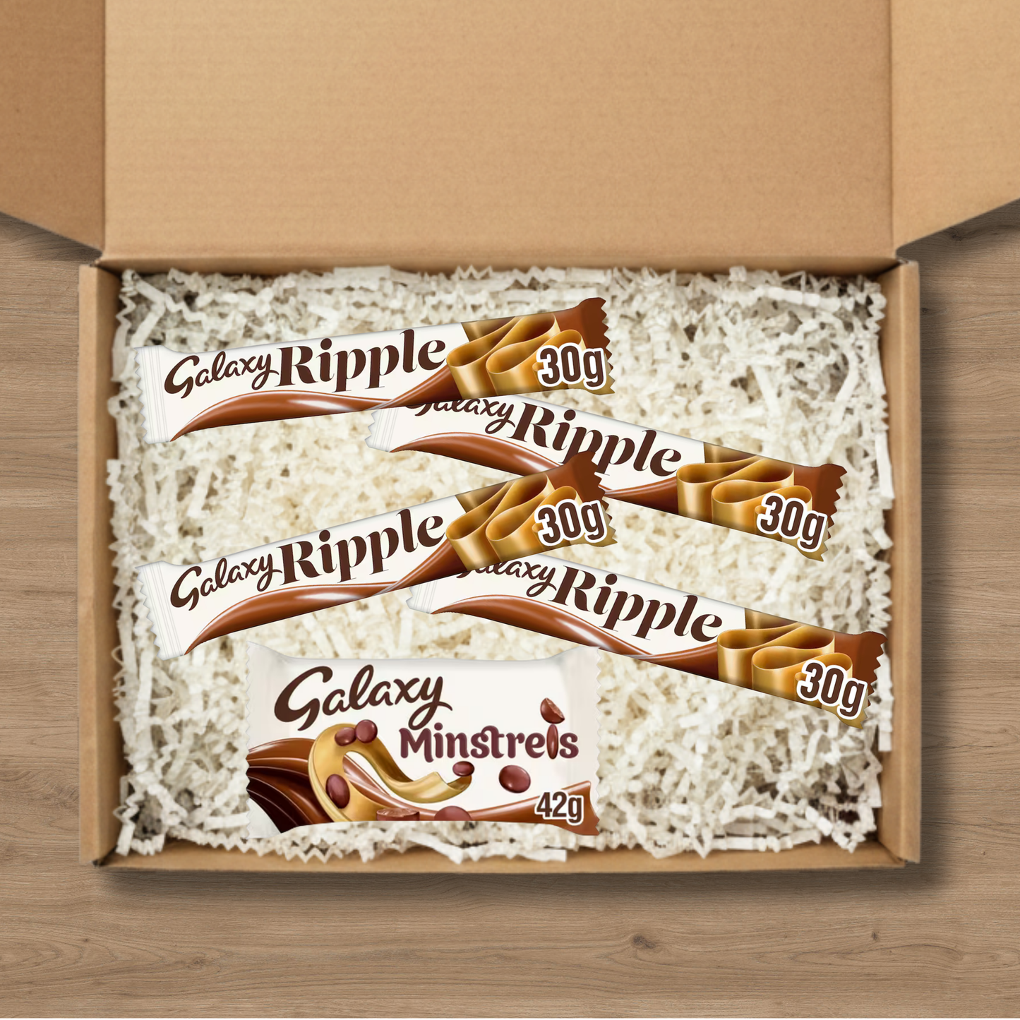 Galaxy chocolate gift box with Galaxy Ripple bars and a Galaxy Minstrels pouch