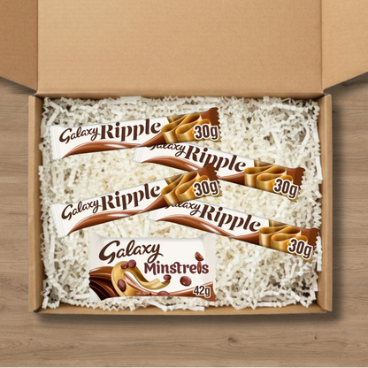Galaxy chocolate gift box with Galaxy Ripple bars and a Galaxy Minstrels pouch