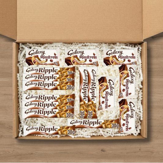 Large Galaxy chocolate gift box with Galaxy Ripple bars and Galaxy Minstrels sharing pouches