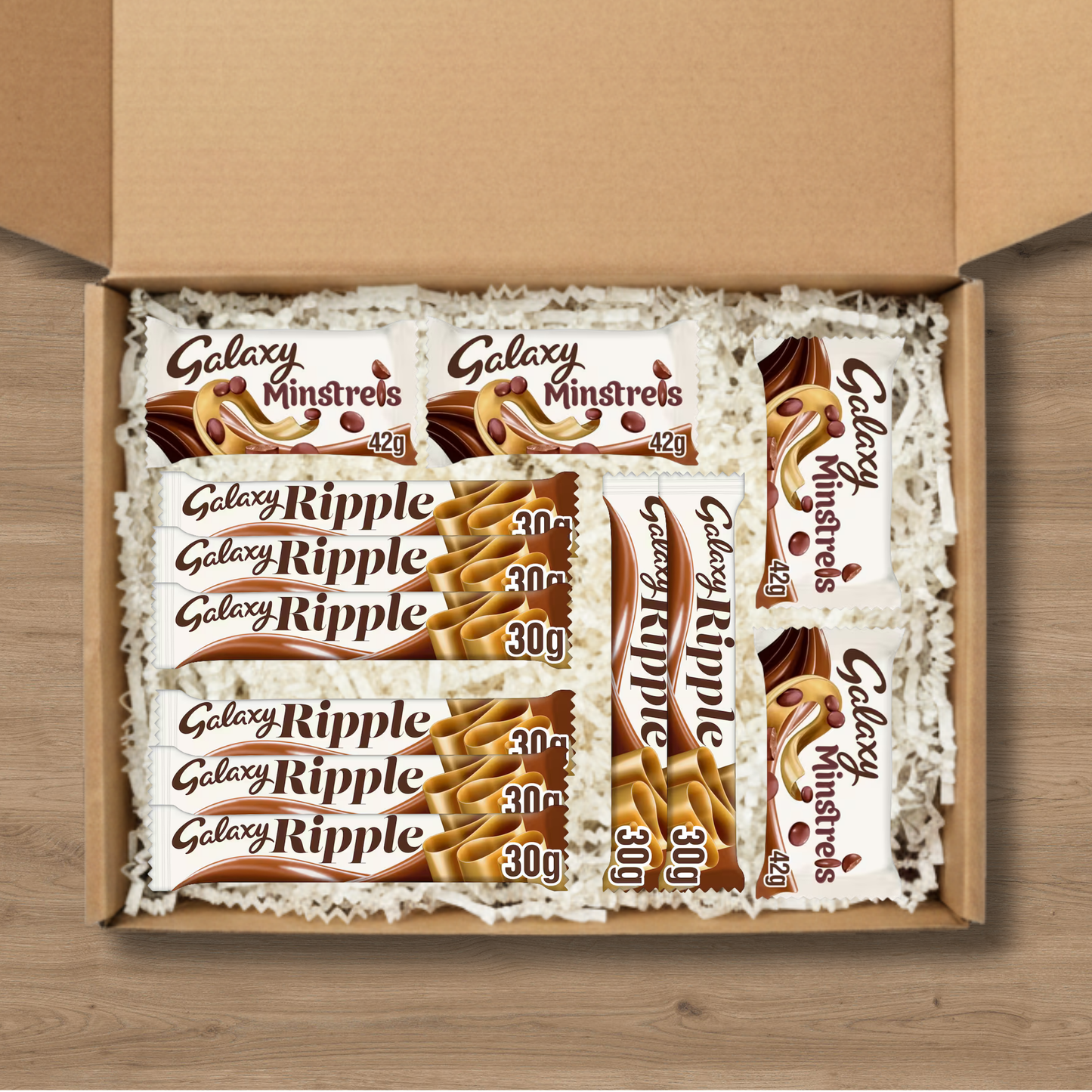Galaxy chocolate gift box with Galaxy Ripple bars and Galaxy Minstrels sharing pouches