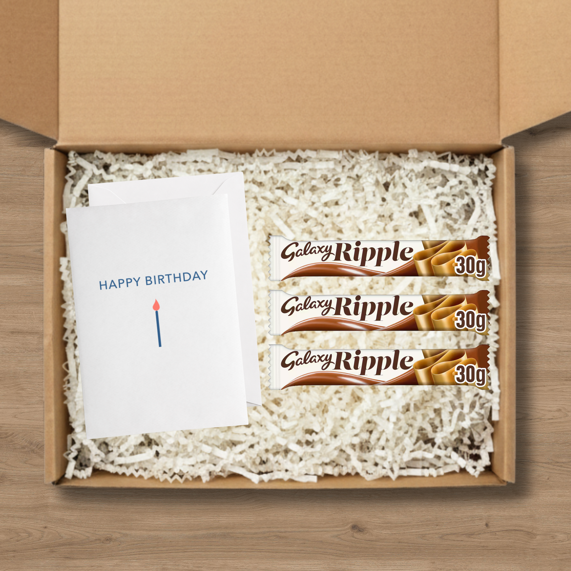 3 Galaxy Ripple chocolate bars with a happy birthday card