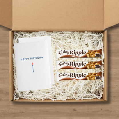 3 Galaxy Ripple chocolate bars with a happy birthday card
