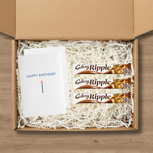 3 Galaxy Ripple chocolate bars with a happy birthday card