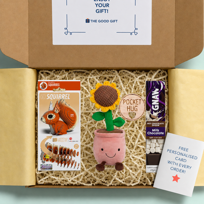Gift box containing an 3d craftable squirrel, an Animigos sunflower plushie, a GNAW hot chocolate stirrer, and a pocket hug