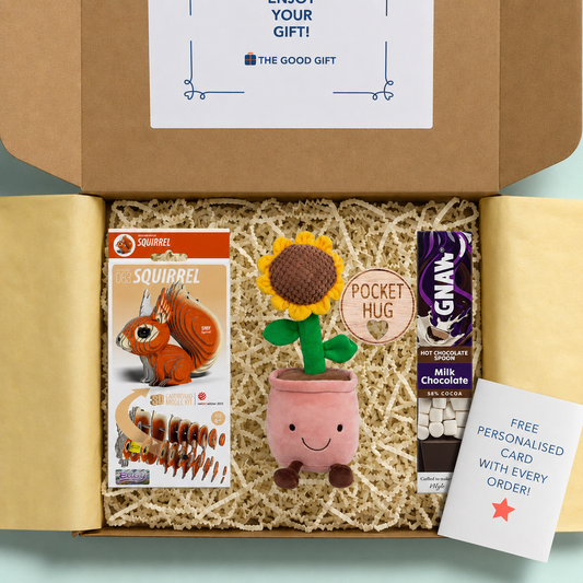 Gift box containing an 3d craftable squirrel, an Animigos sunflower plushie, a GNAW hot chocolate stirrer, and a pocket hug