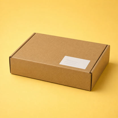 A gift box sealed closed with a delivery label on the box.