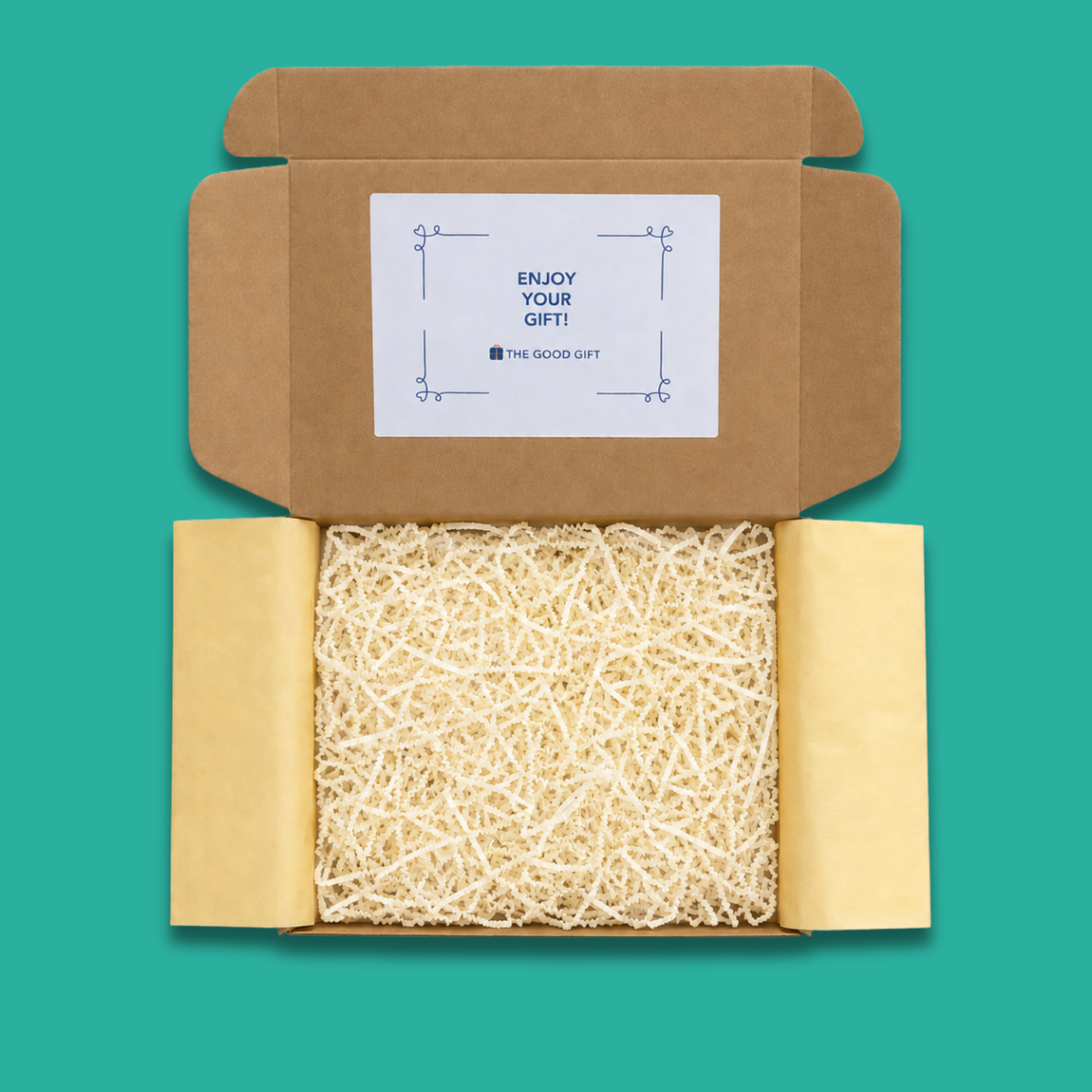 An open gift box showing yellow tissue paper and shredded packaging.