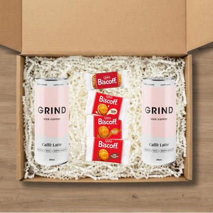 2 cans of Grind iced latte and a selection of Lotus Biscoff biscuits