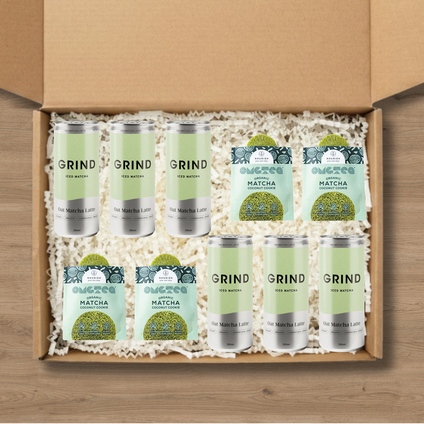 6 cans of Grind Iced Matcha and 4 matcha cookies