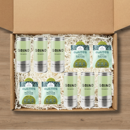 6 cans of Grind Iced Matcha and 4 matcha cookies