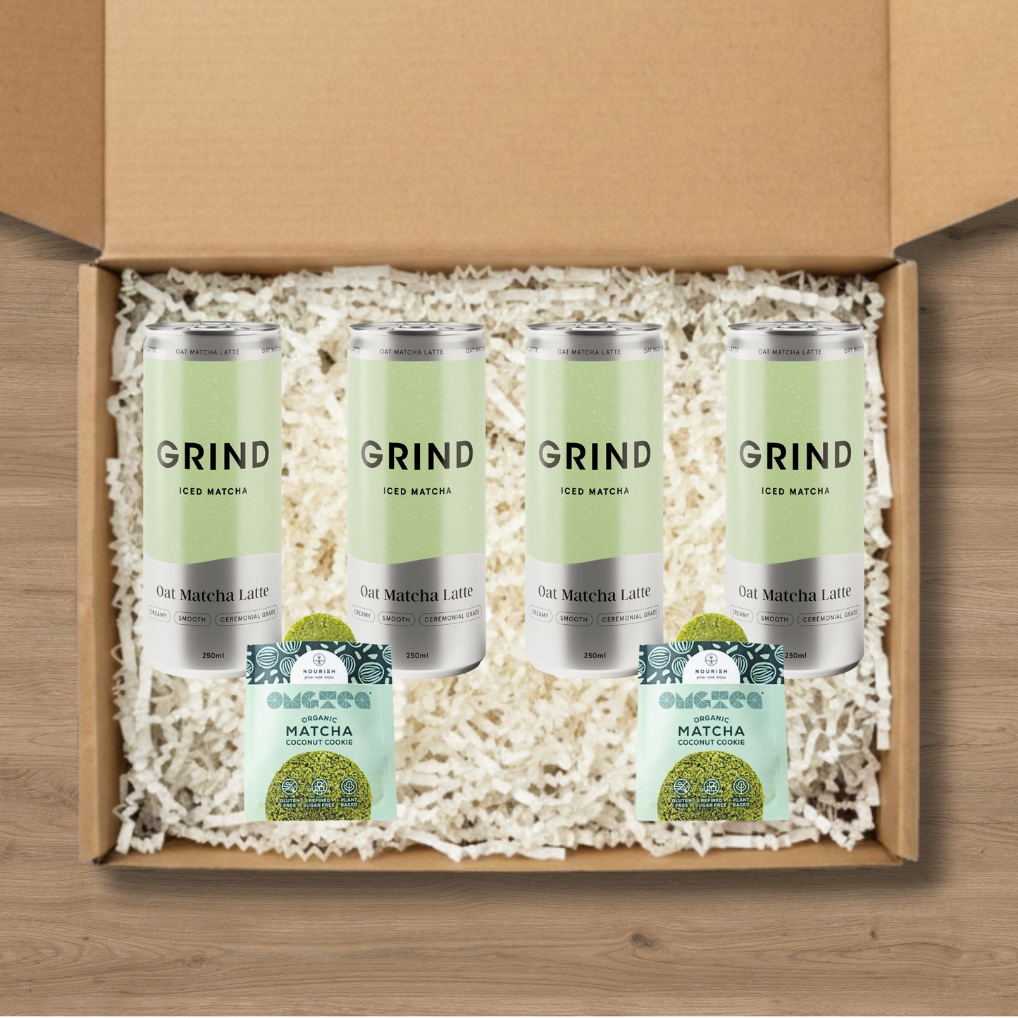 4 cans of Grind Iced Matcha and 2 matcha cookies
