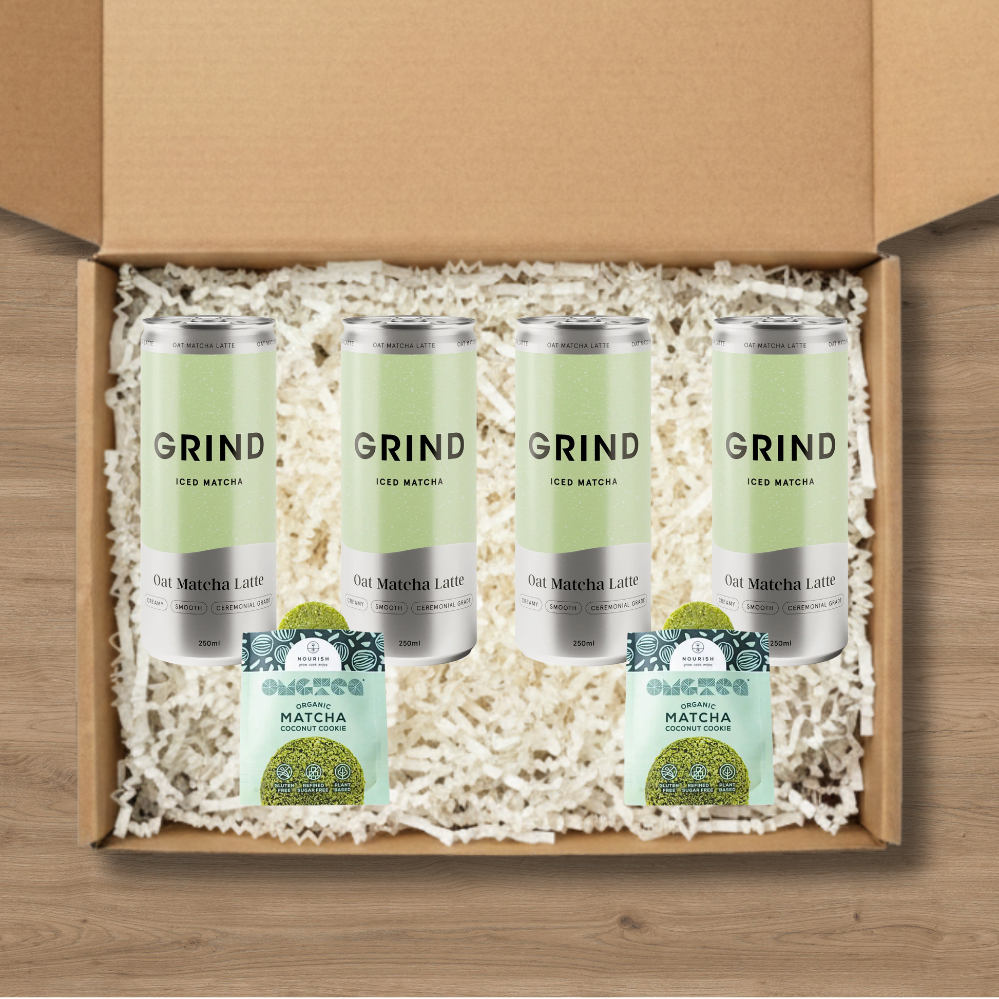 4 cans of Grind Iced Matcha and 2 matcha cookies