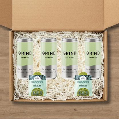 4 cans of Grind Iced Matcha and 2 matcha cookies