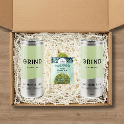 2 cans of Grind Iced Matcha and a matcha cookie