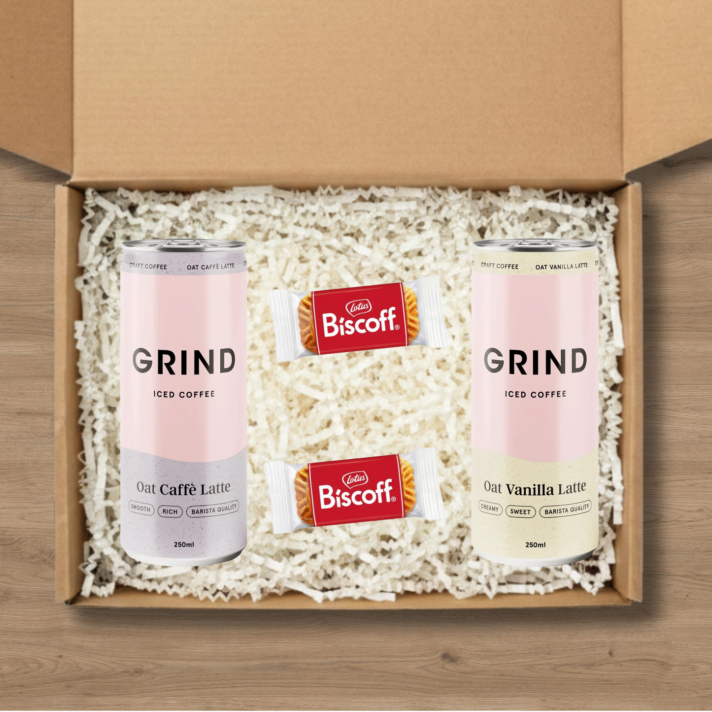1 can of Grind oat latte, 1 can of Grind Vanilla Oat Latte, and 2 packs of lotus biscoff