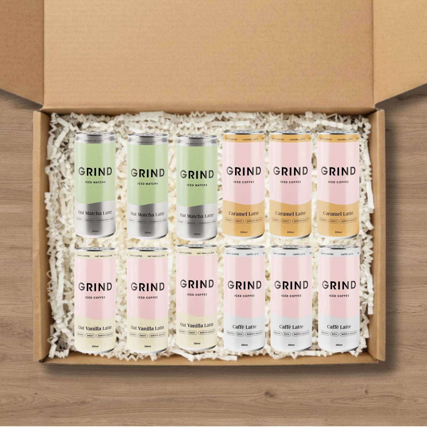 A selection of Grind iced coffees: 3 Cafe Latte Iced Coffees, 3 Grind Caramel Latte Iced Coffees, 3 Iced Matcha, and 3 Oat Vanilla Latte Iced Coffees