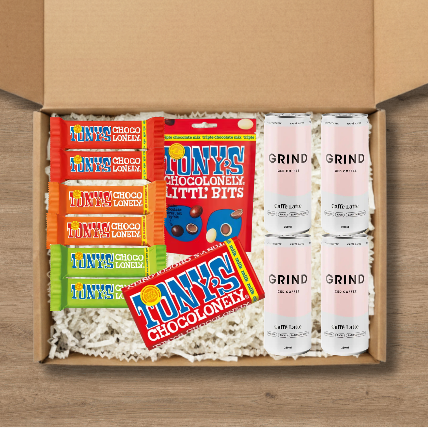 4 cans of Grind Caffe Latte Iced Coffee, a Tony's Littl' Bits Triple Chocolate Mix, a Tony's Chocolonely Milk Chocolate bar, 2 Tony's Dark Almond Sea Salt chocolate bars, 2 Tony's Milk Chocolate Caramel Sea Salt chocolate bars, 2 Tony's Milk Chocolate chocolate bars