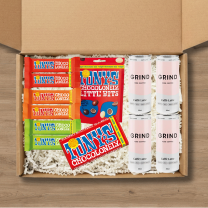 4 cans of Grind Caffe Latte Iced Coffee, a Tony's Littl' Bits Triple Chocolate Mix, a Tony's Chocolonely Milk Chocolate bar, 2 Tony's Dark Almond Sea Salt chocolate bars, 2 Tony's Milk Chocolate Caramel Sea Salt chocolate bars, 2 Tony's Milk Chocolate chocolate bars
