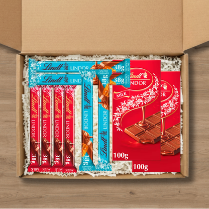 Lindt Lindor chocolate gift box with milk chocolate and salted caramel bars in various sizes