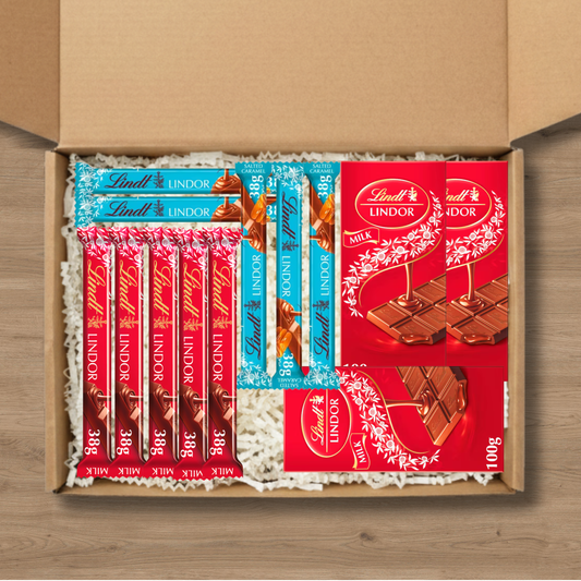Large Lindt Lindor gift box with milk chocolate and salted caramel bars in multiple sizes