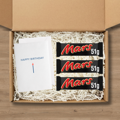 3 Mars chocolate bars with a happy birthday card