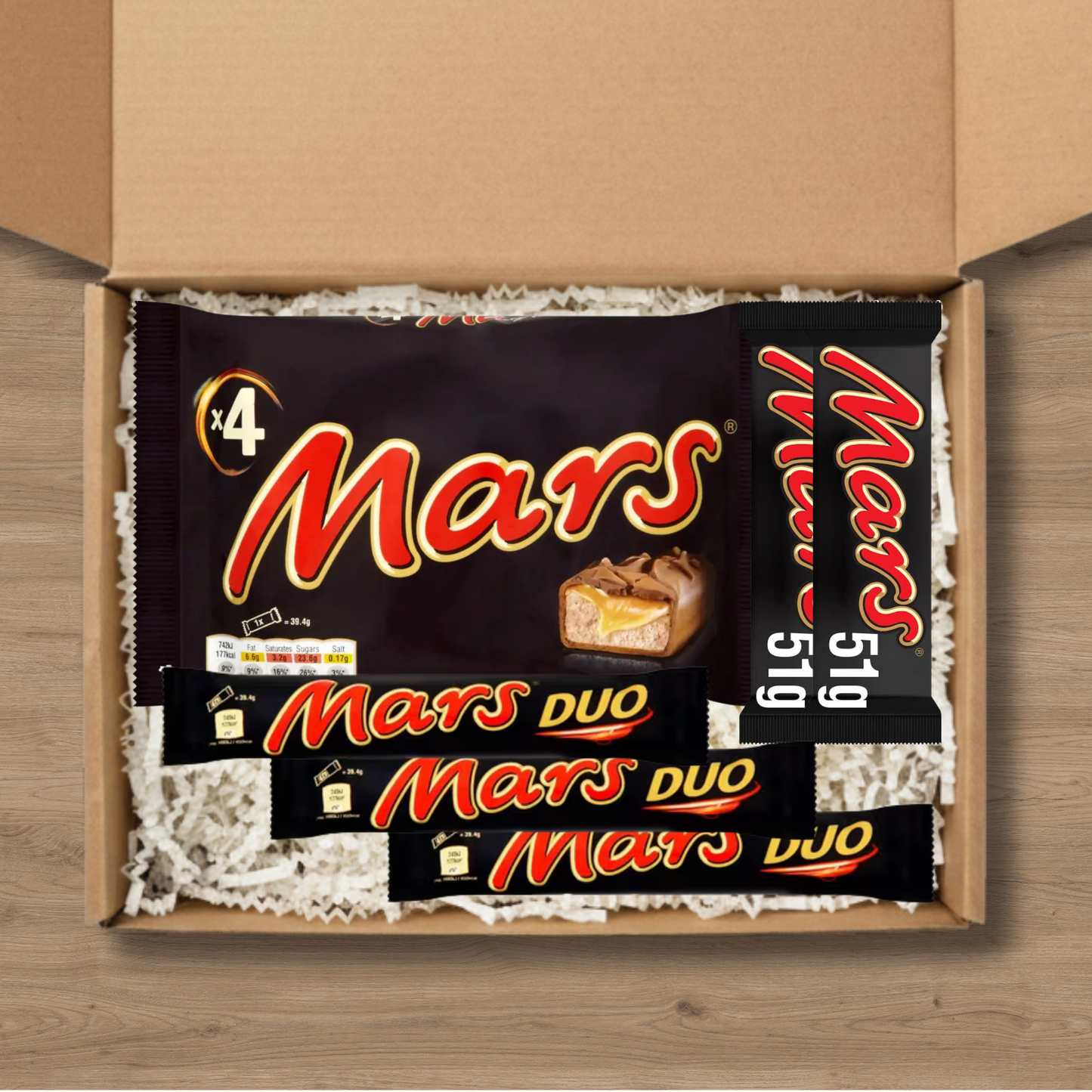 Mars chocolate gift box with multipack of four bars, 51g bars and Mars Duo bars