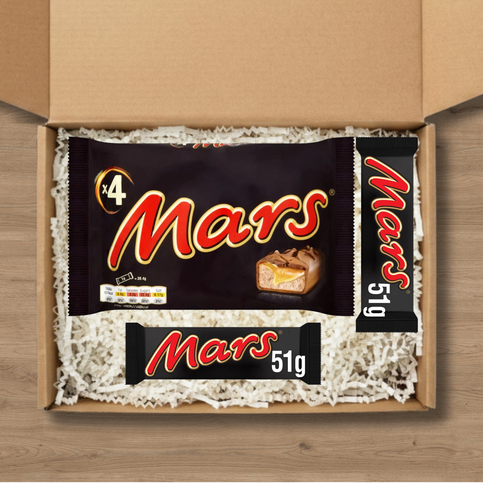 Small Mars chocolate gift box with a multipack of four bars and two 51g Mars bars