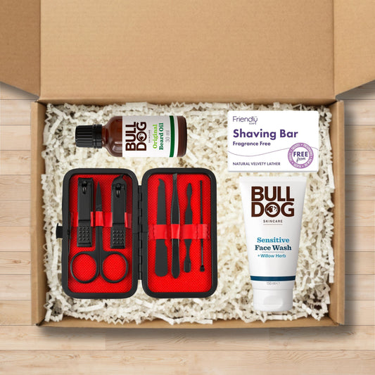Grooming kit gift set including a nail clipper and grroming set, bull dog face wash, bull dog shaving bar, and bull dog beard oil