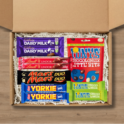 Mixed chocolate gift box with Cadbury Dairy Milk, Mars Duo, Yorkie, Lindt Lindor and Tony's Chocolonely