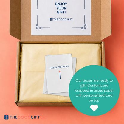 A "The Good Gift" Gift Box opened showing a card on closed wrapping paper