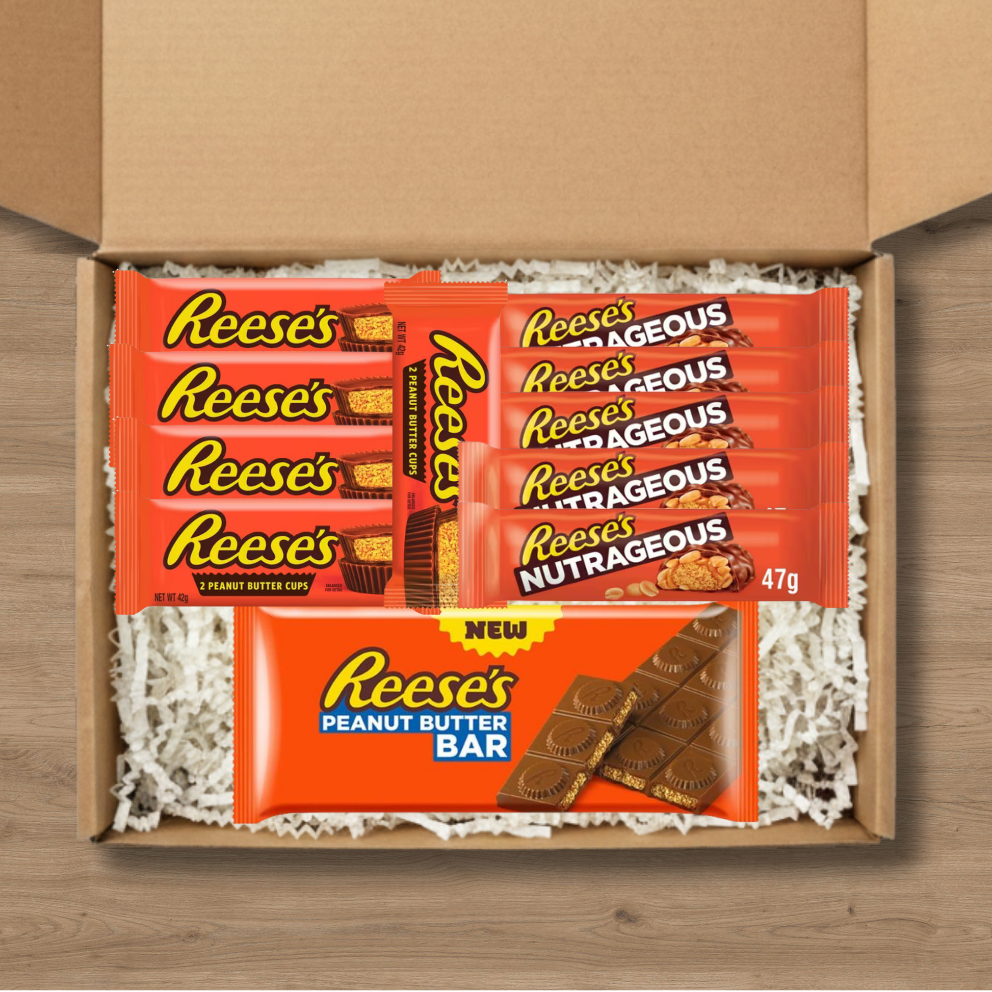 Reese's chocolate gift box with Peanut Butter Cups, Nutrageous bars and Peanut Butter Bar