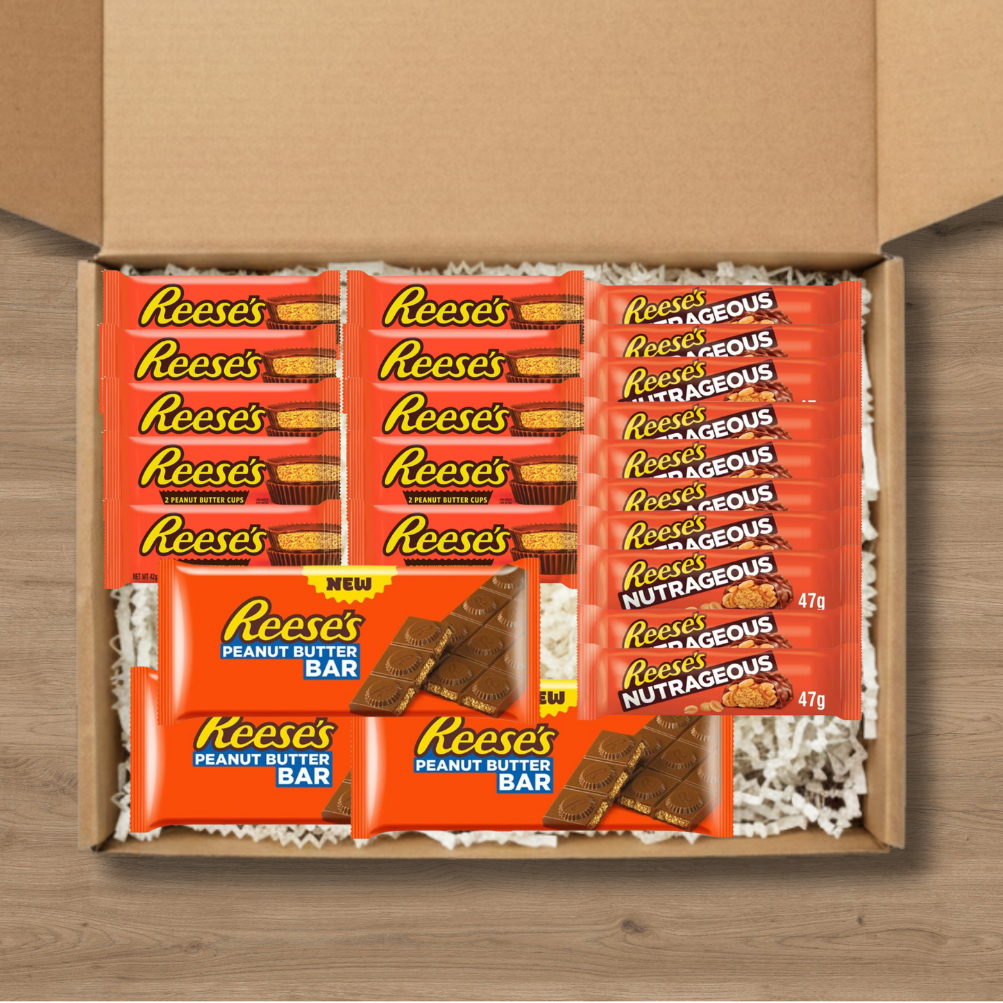Large Reese's chocolate gift box with Peanut Butter Cups, Nutrageous bars and Peanut Butter Bars