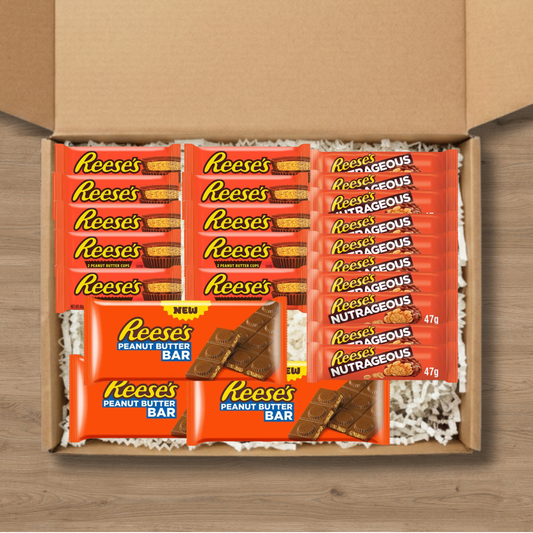 Large Reese's chocolate gift box with Peanut Butter Cups, Nutrageous bars and Peanut Butter Bars
