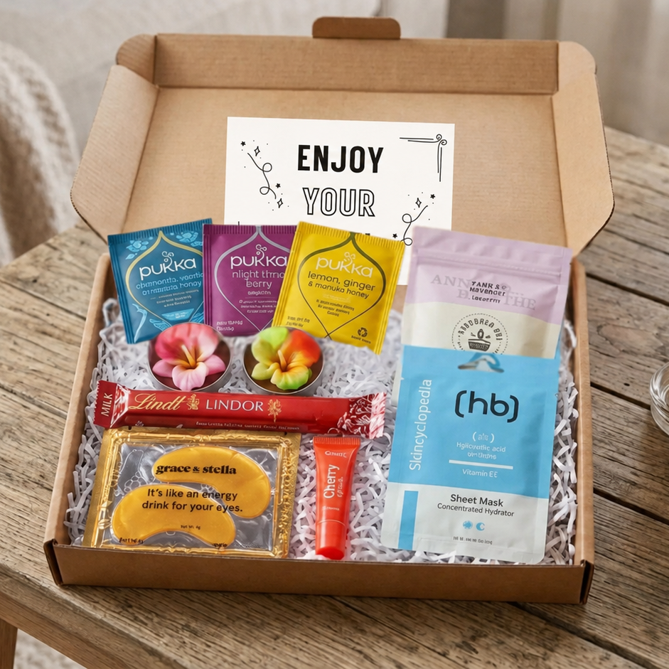 A gift box containing pukka tea, bath salts, under-eye masks, Lindt Lindor chocolate and cherry lip balm