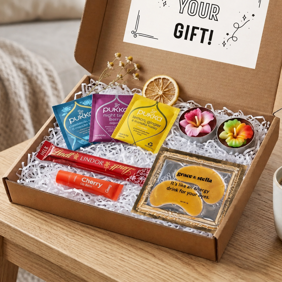 A gift box containing pukka tea, under-eye masks, Lindt Lindor chocolate, cherry lip balm and tea lights