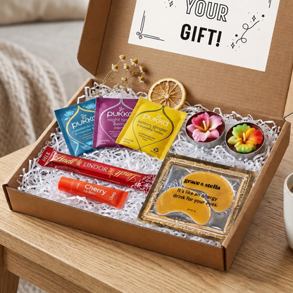 A gift box containing pukka tea, under-eye masks, Lindt Lindor chocolate, cherry lip balm and tea lights