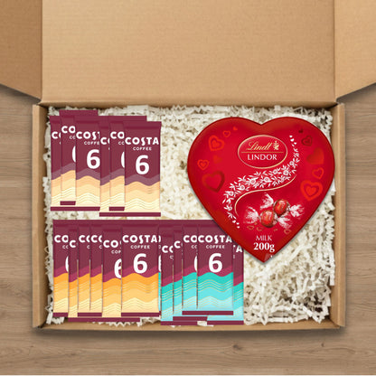 Romantic costa coffee gift box featuring costa coffee sachets and Lindt Lindor chocolate truffles in a heart shaped box.