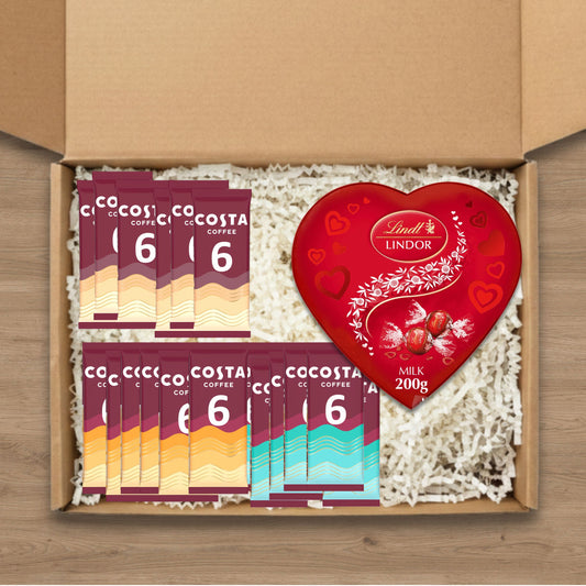 Romantic costa coffee gift box featuring costa coffee sachets and Lindt Lindor chocolate truffles in a heart shaped box.