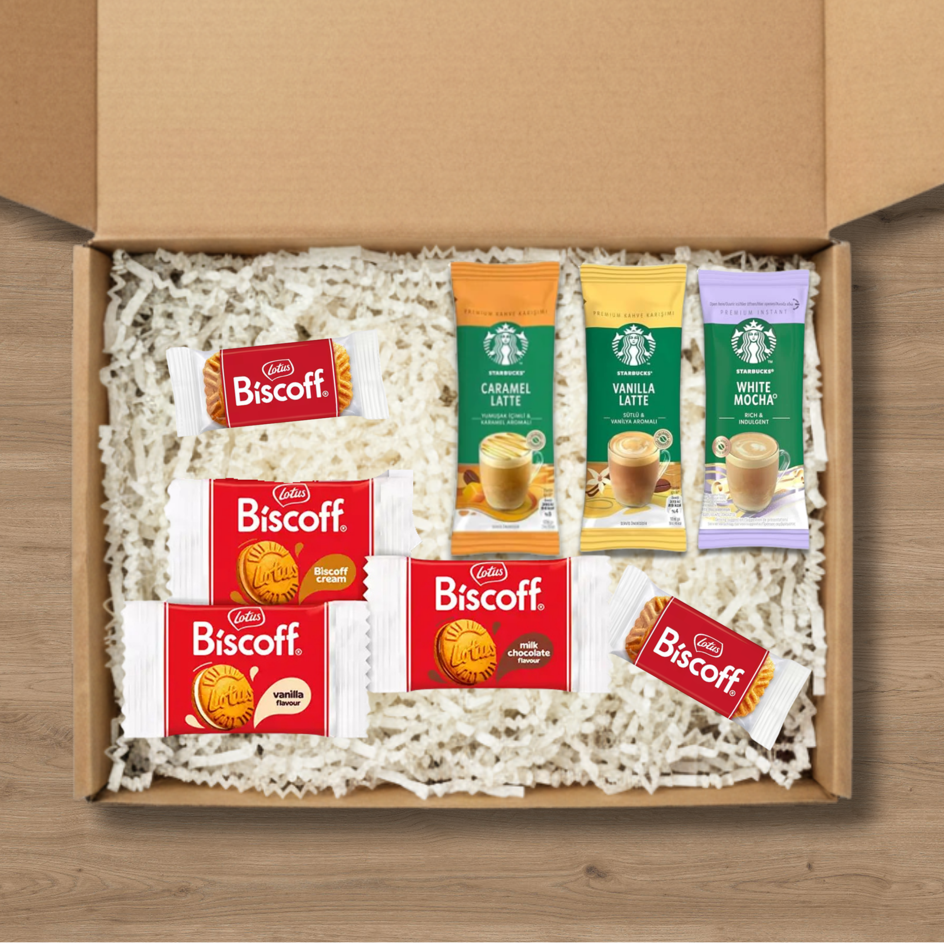 Coffee gift box with Starbucks Caramel, Vanilla and White Mocha lattes and Biscoff biscuits