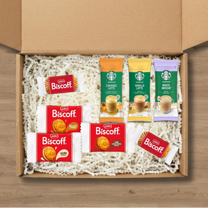 Coffee gift box with Starbucks Caramel, Vanilla and White Mocha lattes and Biscoff biscuits