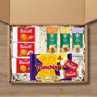 Coffee gift box with Starbucks lattes, Lotus Biscoff biscuits and Cadbury Crunchie multipack